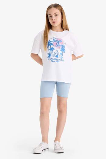 DeFacto Girls 2Pcs Set Printed Short Sleeve T-Shirt Biker Leggings E5694A825Hs