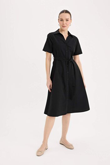 DeFacto A-Line Shirt Collar Belted Poplin Short Sleeve Midi Dress E7114Ax25Sp