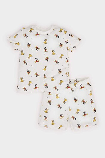 DeFacto Baby Boy Disney Mickey & Minnie Pajama Set Short Sleeve Combed Cotton Top with Elastic Waist Shorts E1185A525Hs