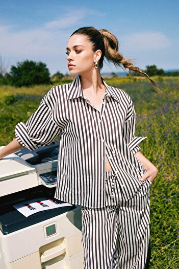 DeFacto Loose Fit Striped Poplin Long Sleeve Shirt F0403Ax25Sm