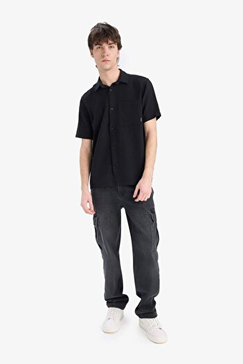 DeFacto 100% Cotton Regular Fit Summer Short Sleeve Black Shirt E0461Ax25Sm
