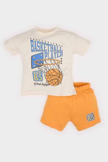DeFacto Baby Boy 2-Piece Set Ball Print Short Sleeve T-Shirt Elastic Waist Shorts Bottom E6793A525Sm