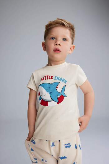 DeFacto 2-teiliges Set für Babys, bedrucktes Kurzarm-Waffel-T-Shirt mit elastischem Bund unten E7933A525SM
