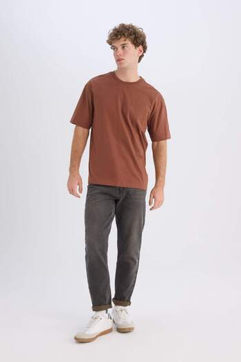 DeFacto 100% Cotton Boxy Fit Crew Neck Basic Plain Short Sleeve T-Shirt D6070Ax25Sp