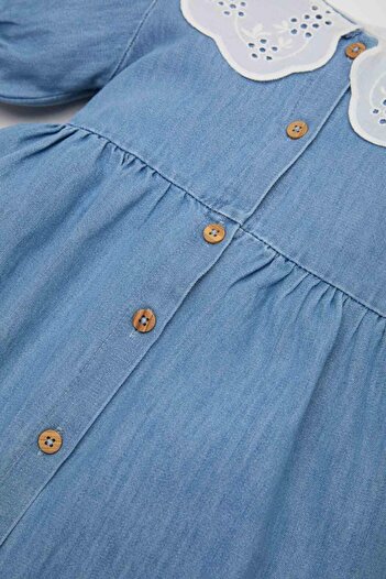 DeFacto Kız Bebek Geniş Dantel Yakalı Kısa Kollu Yazlık Jean Elbise E7594A525SM