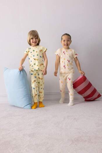 DeFacto Kız Bebek Pijama Takımı Meyve Baskılı Kısa Kollu Fitilli Kaşkorse Kısa Kollu Üst Beli Lastikli Uzun