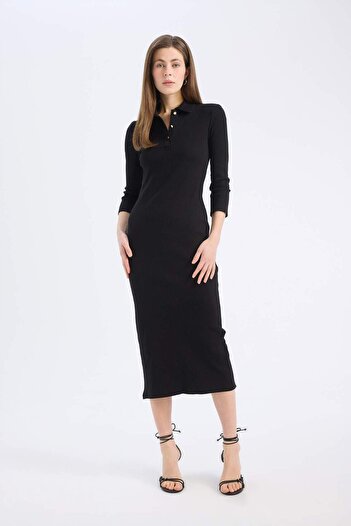DeFacto Bodycon Vücudu Saran Polo Yaka Basic Düz Fitilli Kaşkorse Yarım Kollu Midi Elbise E2245AX25SP