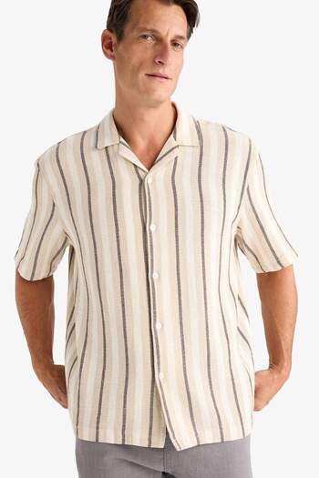 DeFacto 100% Cotton Relax Fit Polo Collar Striped Summer Short Sleeve Shirt D7467Ax25Sp