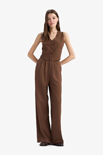 DeFacto Wide Leg Keten Karışımlı Pantolon Normal Bel Geniş Paça Cepli Fermuarlı Standart Boy E6210AX25SP