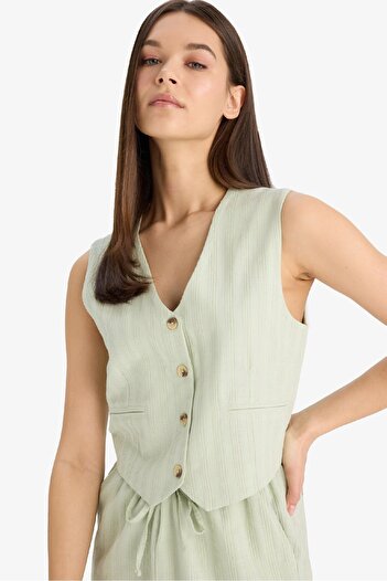DeFacto Regular Fit V-Neck Linen Blended Blazer Vest D3474Ax25Sp