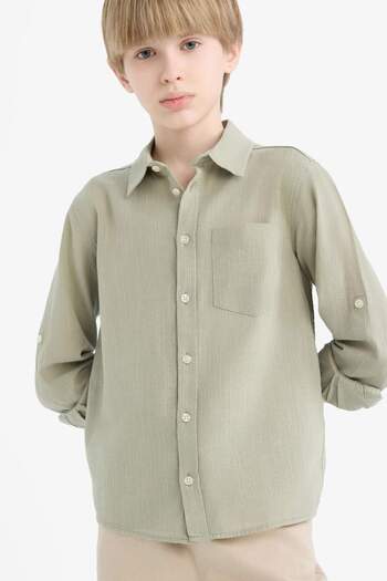 DeFacto Boy's Polo Neck Linen Look Long Sleeve Shirt B5983A825Sm