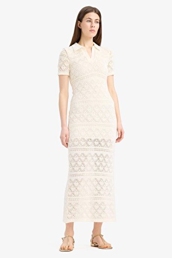 DeFacto Polo Neck Short Sleeve Openwork Maxi Dress E8859Ax25Sp