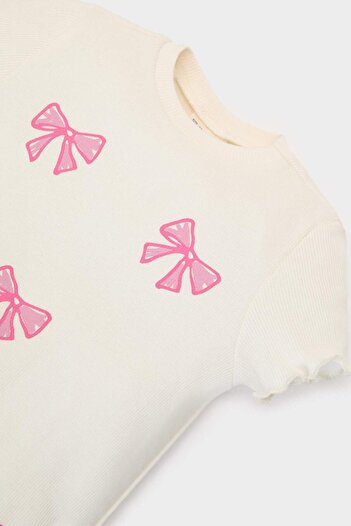 DeFacto Baby Girl Crew Neck Ribbon Printed Ribbed Camisole Short Sleeve T-Shirt E6681A525Sm