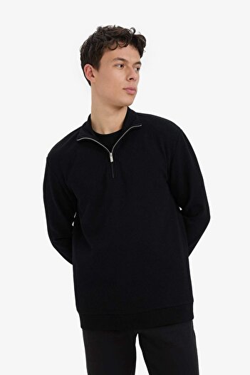 DeFacto Comfort Fit Dik Yaka Dokulu Yarım Fermuarlı Waffle Sweatshirt D7543AX25SP