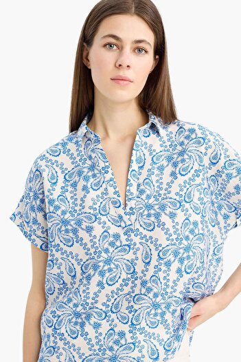 DeFacto Oversize Wide Fit Shirt Collar Printed Short Sleeve Blouse E7595Ax25Sp