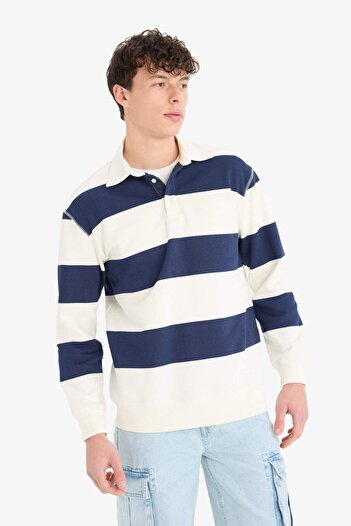 DeFacto Relax Fit Polo Yaka Çizgili Kalın Sweatshirt D7478AX25SP