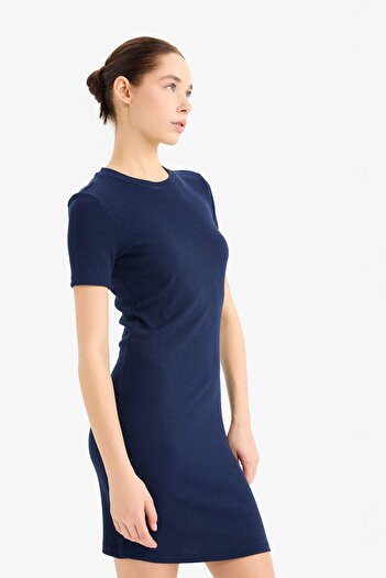 DeFacto Coool Bodycon Vücudu Saran Bisiklet Yaka Fitilli Kaşkorse Kısa Kollu Mini Elbise E7231AX25SP