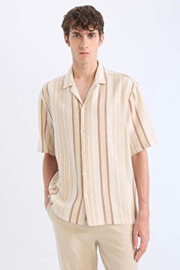 DeFacto 100% Cotton Relax Fit Polo Neck Striped Summer Short Sleeve Shirt D7459Ax25Sp