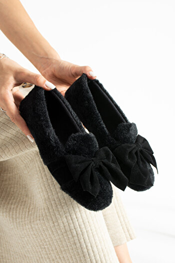 Moda Devrin Women's Black Bow Winter Ballerina Shoes for Home and Outdoor