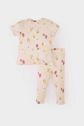 DeFacto Kız Bebek Pijama Takımı Meyve Baskılı Kısa Kollu Fitilli Kaşkorse Kısa Kollu Üst Beli Lastikli Uzun