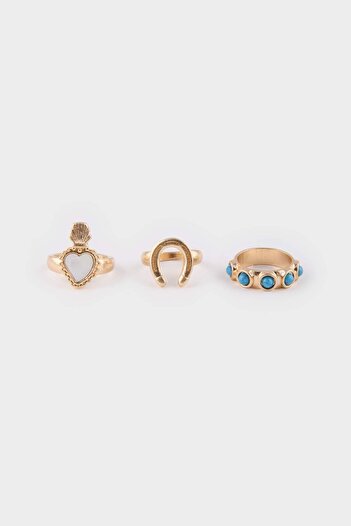 DeFacto Women's Blue Stone 3-Piece Gold Ring E4532Axns