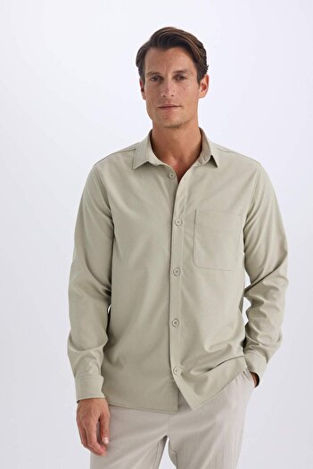 DeFacto Regular Fit Polo Yaka Basic Düz Gofre Uzun Kollu Gömlek D8713AX25SP