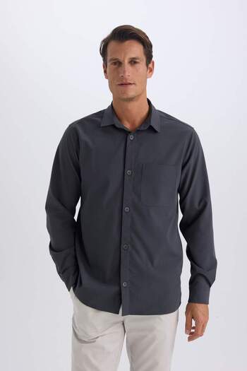 DeFacto Regular Fit Polo Collar Basic Plain Seersucker Long Sleeve Shirt D8713Ax25Sp
