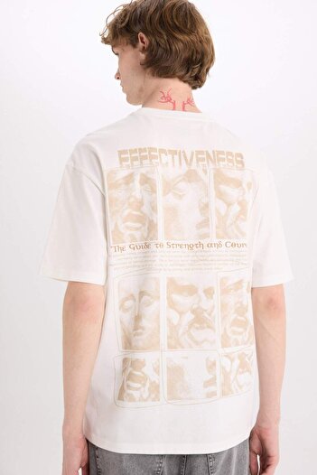DeFacto 100% Cotton Boxy Fit Crew Neck Back Printed Short Sleeve T-Shirt E4538Ax25Sm