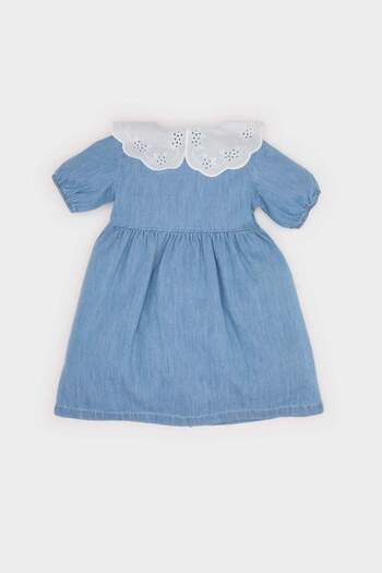 DeFacto Kız Bebek Geniş Dantel Yakalı Kısa Kollu Yazlık Jean Elbise E7594A525SM