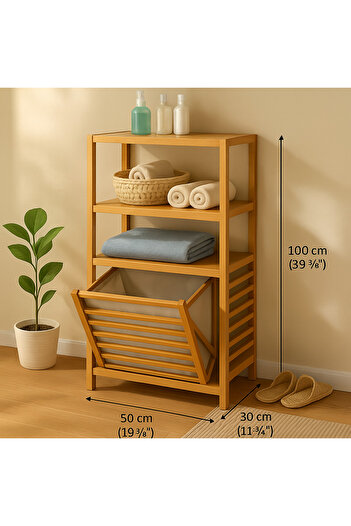 BLUE SİDE 100 Cm Pinterest Stil 2 Katlı Doğal Bambu Dolap + Çamaşır Sepeti 40 L Banyo Mutfak Dolabı