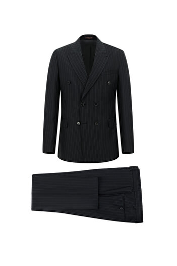 Abdullah Kiğılı Slim Fit Slim Fit Woolen Striped Double-Breasted Suit