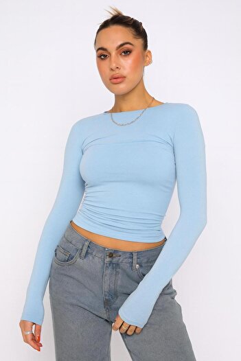 ÖZ PAMUK Crew Neck Basic Plain Fabric Long Sleeve Lycra Blouse