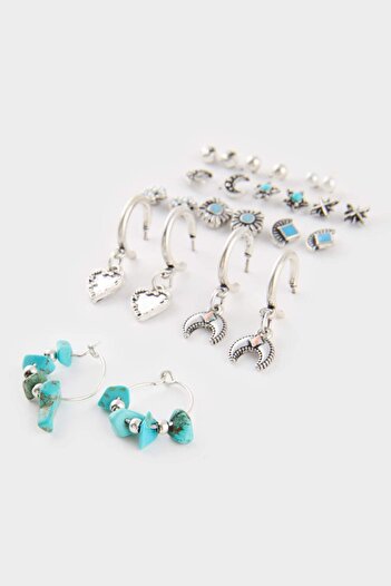 DeFacto Women's Blue Stone 11-Piece Silver Earrings E4507Axns
