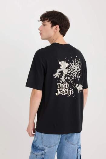 DeFacto 100% Cotton Tom & Jerry Boxy Fit Crew Neck Back Printed Short Sleeve T-Shirt D6790Ax25Sp