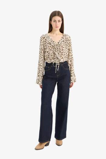 DeFacto Regular Fit V-Neck Leopard Print Maroken Long Sleeve Shirt E9217Ax25Sp