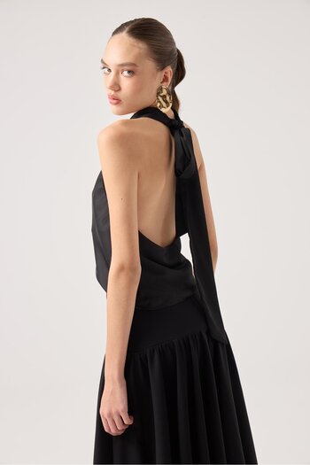 HOLLY LOLLY Degaje Yaka Saten Dalia Blouse Black