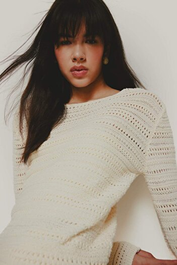 DeFacto Oversize Wide Fit Boat Neck Openwork Knitwear Sweater E6254Ax25Sp