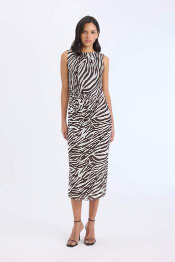 DeFacto Bodycon Vücudu Saran Yarım Balıkçı Yaka Zebra Desenli  Tül Kolsuz Midi Elbise E2903AX25SP