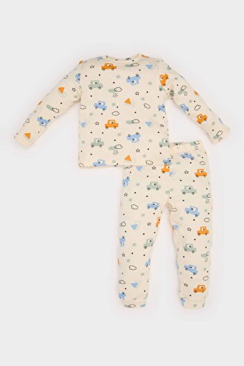 DeFacto Baby Boy Pajamas Set - Car Print, Ribbed Camisole, Long Sleeve, Top Elastic Waist E6937A
