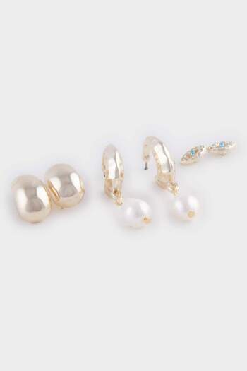 DeFacto Women's Pearl 3-Piece Gold Earrings E3066Axns