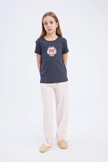 DeFacto Girls Pajamas Set Ribbed Camisole Printed Short Sleeve Top Long Bottom E2221A825Sm