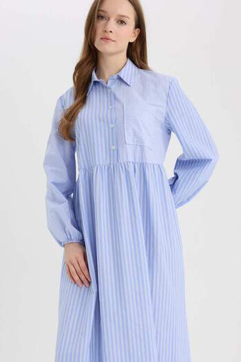 DeFacto Relax Fit Gömlek Yaka Desenli Poplin Uzun Kollu Maxi Tesettür Elbise E5262AX25SP