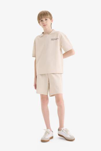 DeFacto Boy's 2-Piece Set Polo Neck Printed Short Sleeve T-Shirt with Elastic Waist Shorts E2822A825Sm