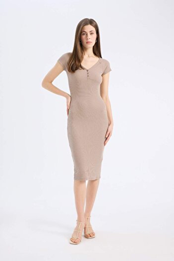 DeFacto Bodycon Vücudu Saran V Yaka Fitilli Kaşkorse Kısa Kollu Midi Elbise E7368AX25SP