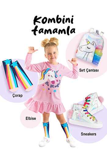 Denokids Unicorn Magic - Rosa langärmliges Rüschenkleid für Mädchen