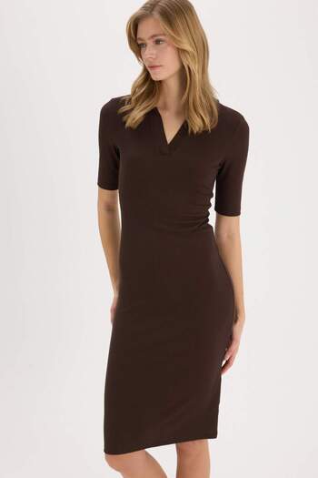 DeFacto Bodycon Body-Hugging Polo Neck Basic Plain Ribbed Camisole Short Sleeve Midi Dress E6806Ax25Sp