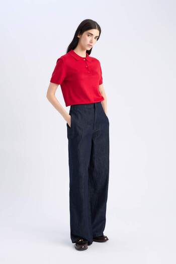 DeFacto Regular Fit Polo Yaka Basic Düz  Kısa Kollu Kırmızı Triko Kazak E3670AX25SM
