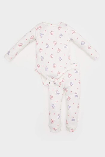 DeFacto 2-teiliges Set für Babys, Mädchen, geblümtes, geripptes Camisole, langärmliger Body mit Druckknöpfen, langer Unterteil E2386A525SP