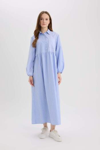 DeFacto Relax Fit Gömlek Yaka Desenli Poplin Uzun Kollu Maxi Tesettür Elbise E5262AX25SP