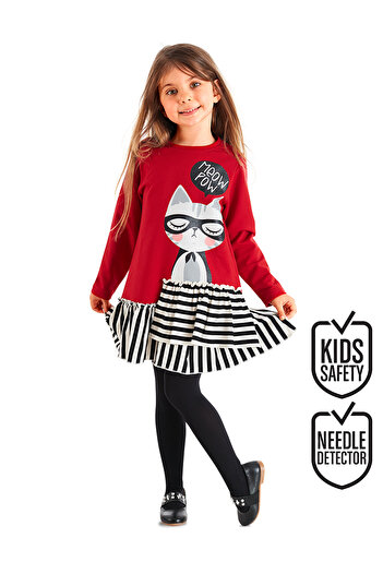 MSHB&G Rotes Meow Pow gestreiftes Mädchenkleid mit langen Ärmeln und Rüschen